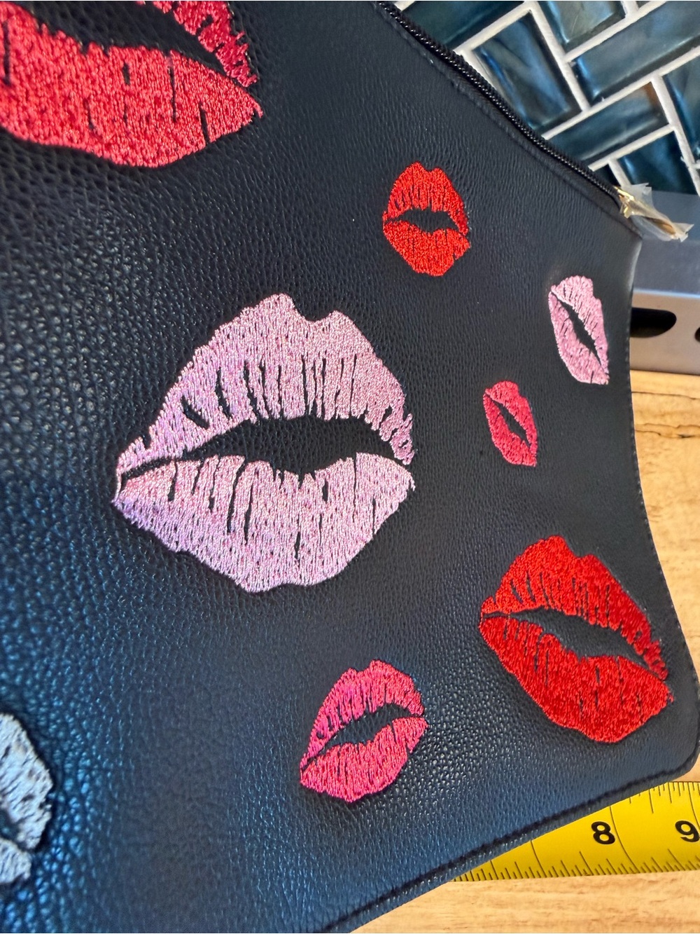 Black Leather Cosmetic Pouch with Red & Pink Lip Embroidery - Picture 3 of 5